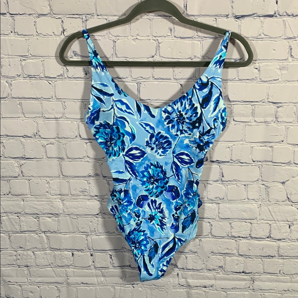 Andie Swim Womens Bala Once Piece in Floral Buff Blue Beach Cruise Island M NWT